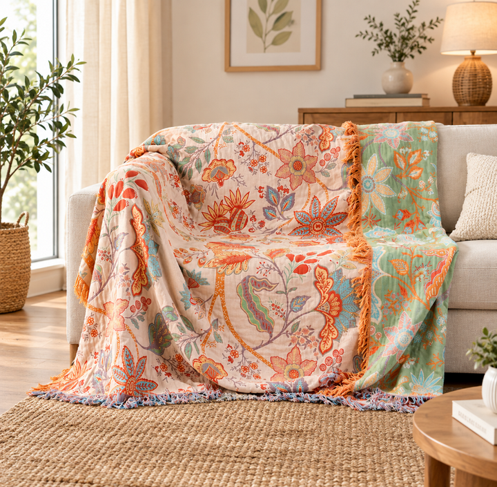 Rustic Bohemian Floral Throw Blanket | 100% Cotton Floral Throw Blanket