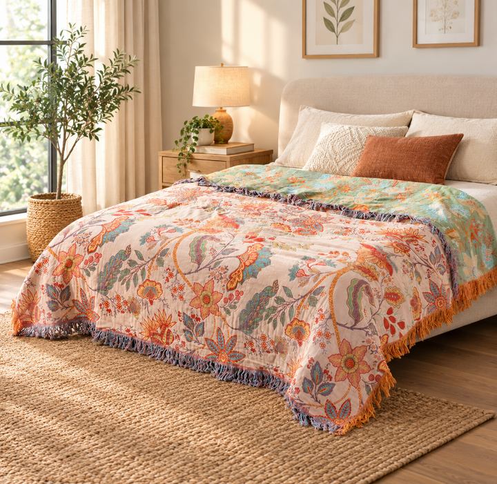 Rustic Bohemian Floral Throw Blanket | 100% Cotton Floral Throw Blanket