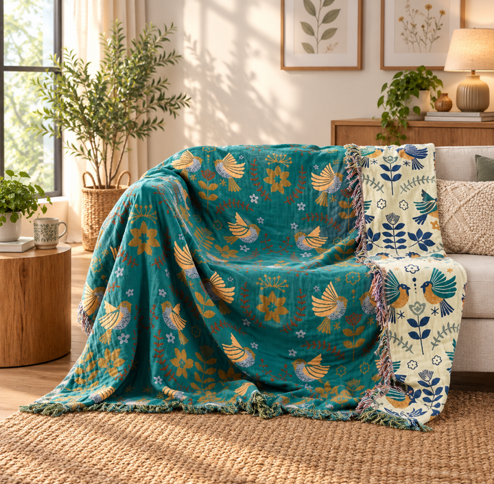 Scandinavian Reversible Bird Pattern Throw Blanket | 100% Cotton Throw Blanket