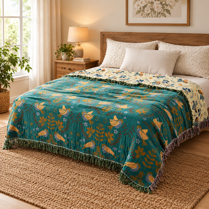 Scandinavian Reversible Bird Pattern Throw Blanket | 100% Cotton Throw Blanket