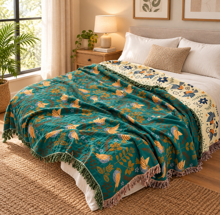 Scandinavian Reversible Bird Pattern Throw Blanket | 100% Cotton Throw Blanket