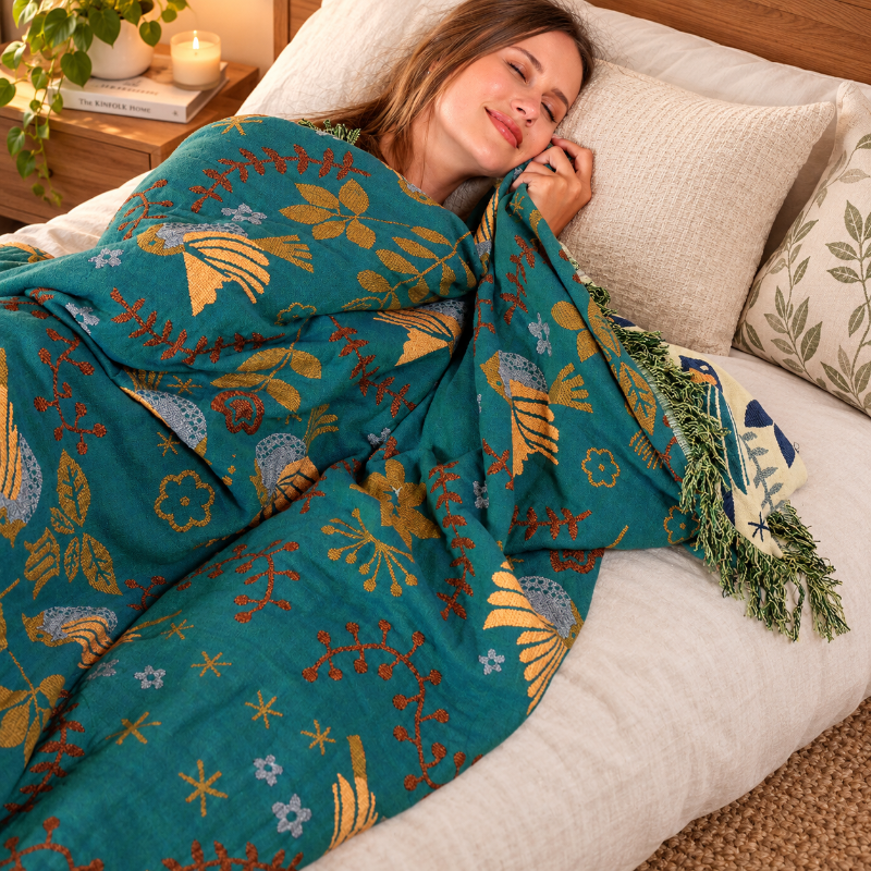 Scandinavian Reversible Bird Pattern Throw Blanket | 100% Cotton Throw Blanket