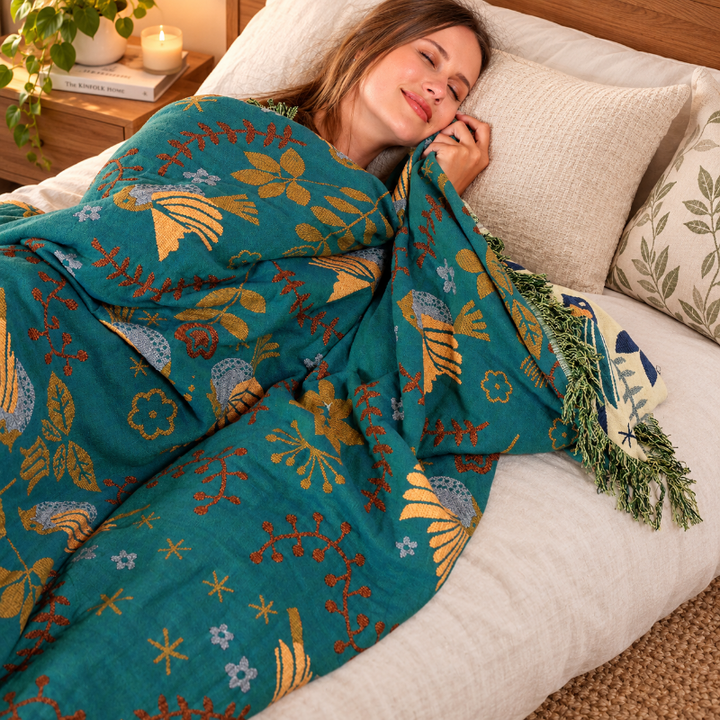 Scandinavian Reversible Bird Pattern Throw Blanket | 100% Cotton Throw Blanket
