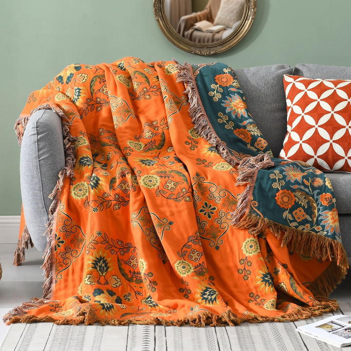 Coperta decorativa reversibile in cotone color calendula