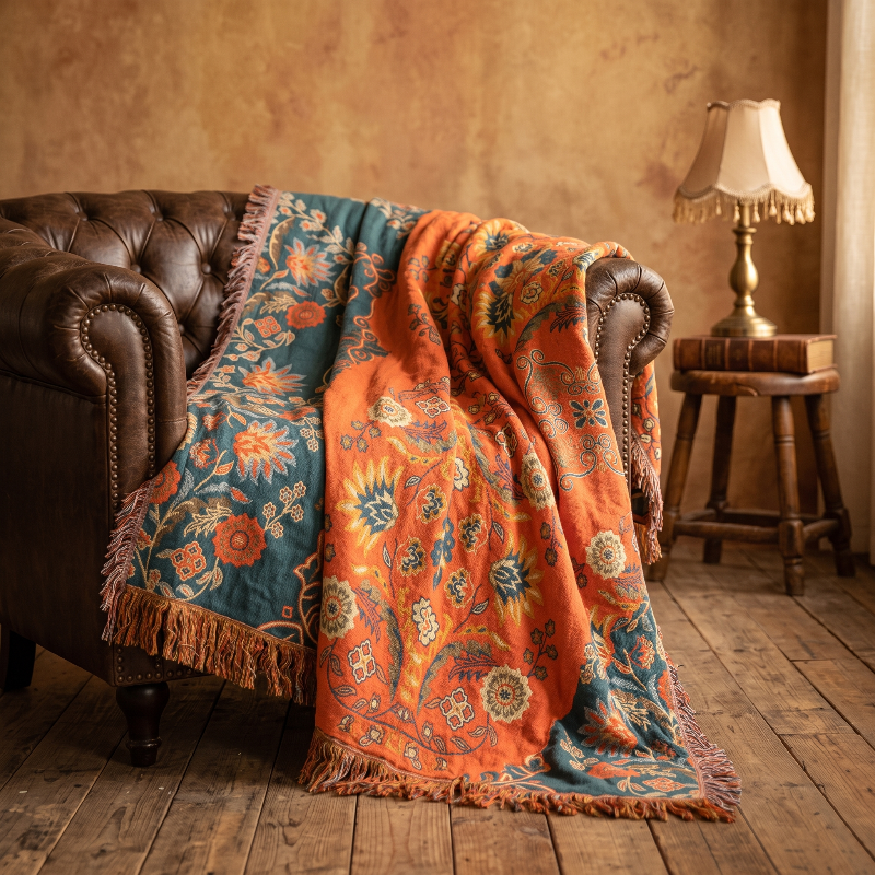 Coperta decorativa reversibile in cotone color calendula