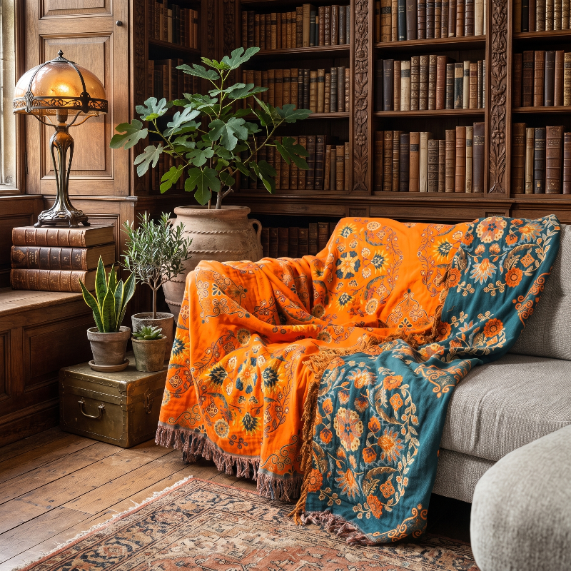 Coperta decorativa reversibile in cotone color calendula