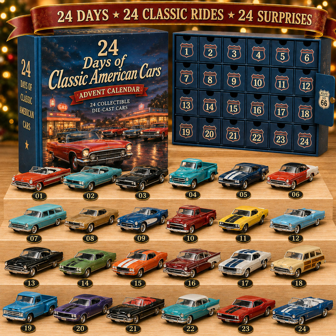 🚗 Calendario dell’Avvento Auto Americane Classiche – 24 Modellini Vintage 🎄