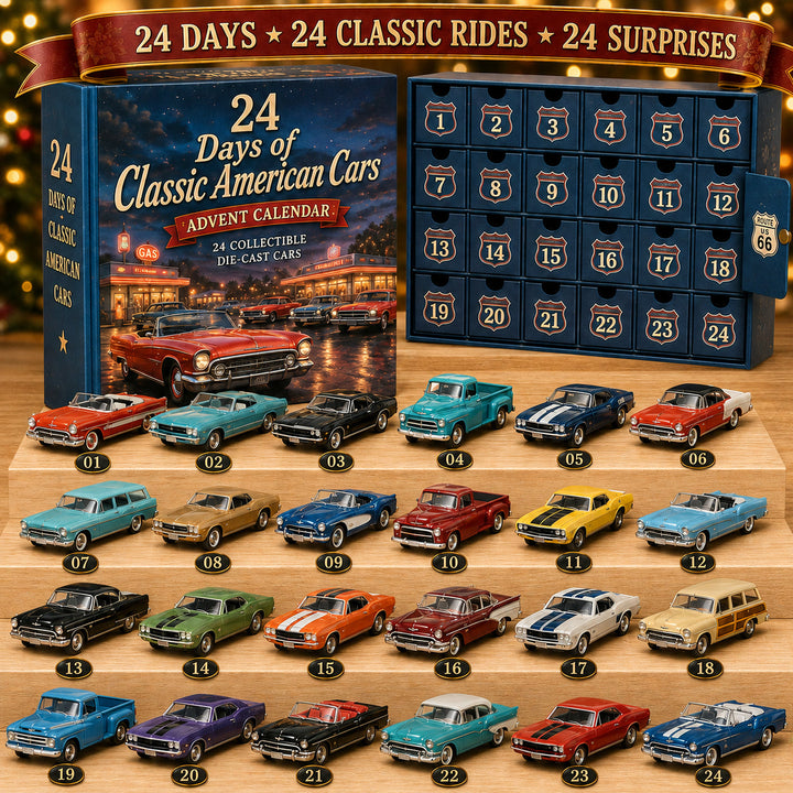 🚗 Calendario dell’Avvento Auto Americane Classiche – 24 Modellini Vintage 🎄